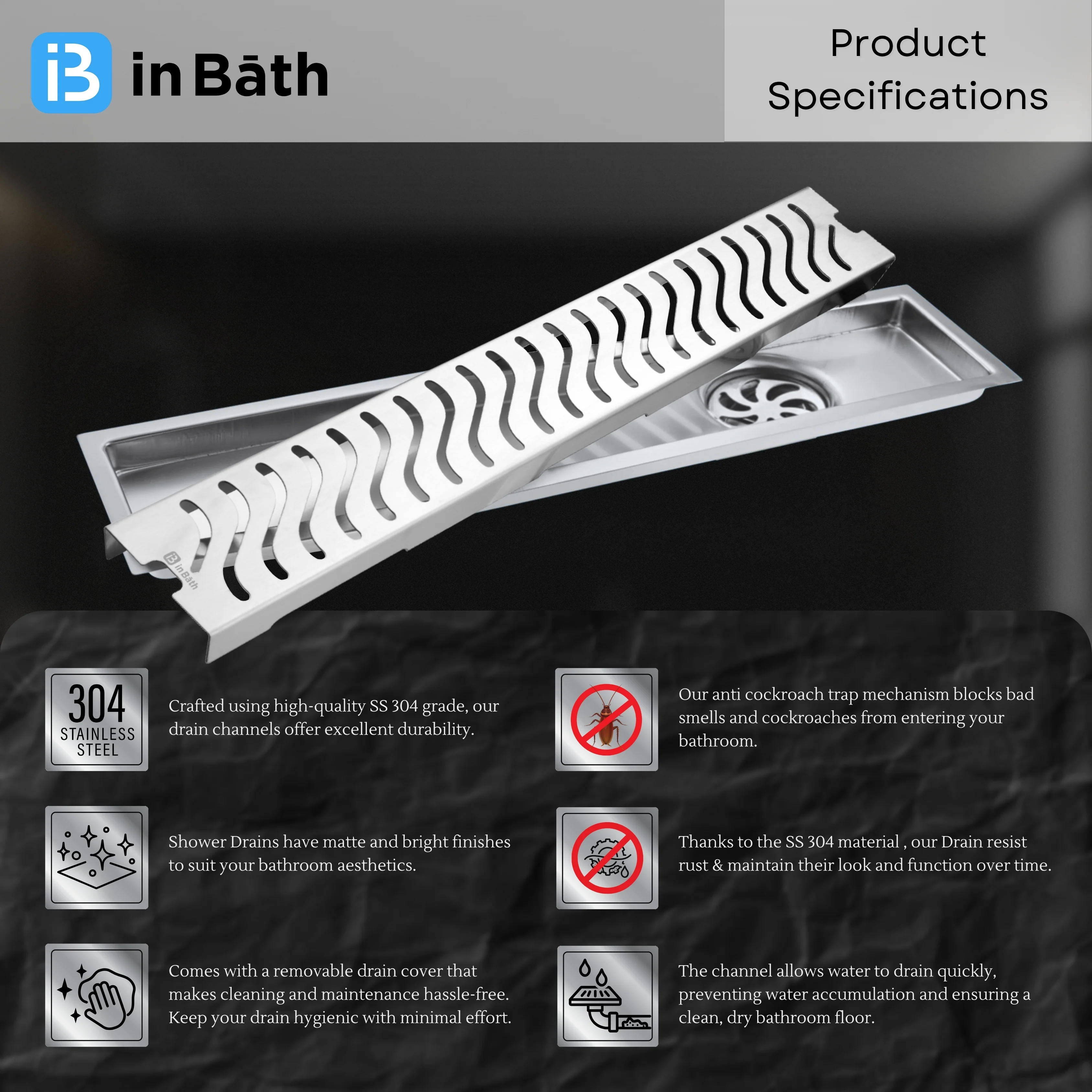 InBath Elite Wave Shower Drain Channel with Collar (SS 304) - Image 4